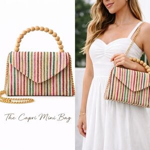Capri Mini Woven Straw Crossbody Bag with Wood Bead Handle